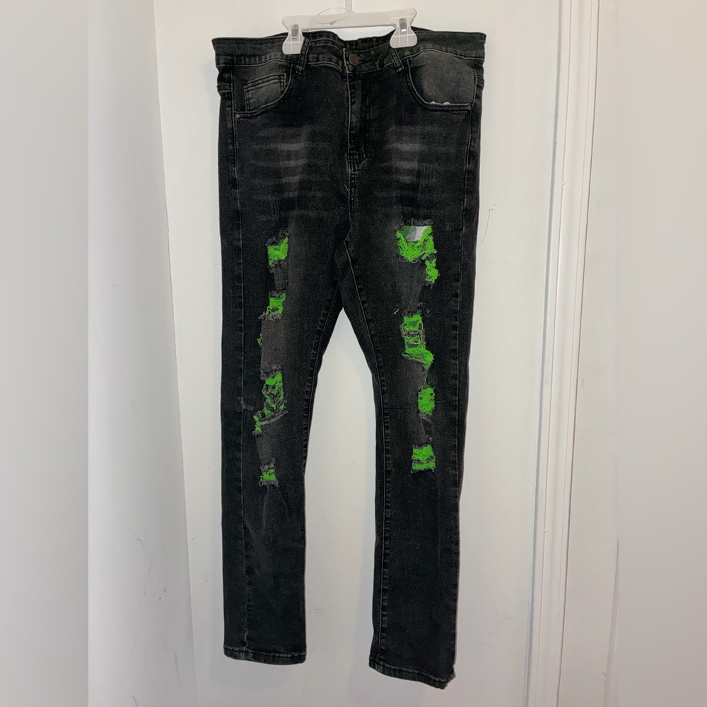 Black Distressed Skinny Jeans with Neon Green Patch Detail
